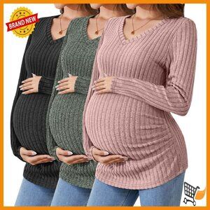 Maternity Long Sleeve Ribbed V-Neck Sweater 3 Pack Side Ruched